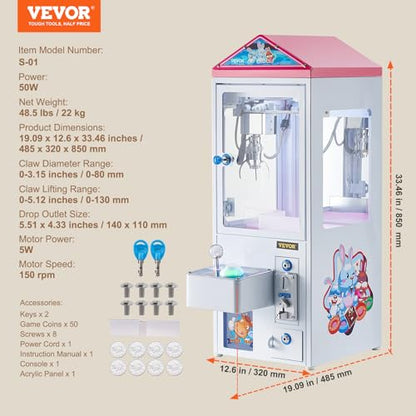 VEVOR Claw Machine, 0-3” Jaw Diameter 0-5” Jaw Lifting, Crane Prize Grabber Commercial Arcade Game Toys, Cool Fun Grab-and-Win Machine w/Light and Sound, Dispenser Vending Toy for Kids,Boys &Girls - color: White, style: Classic clip-on