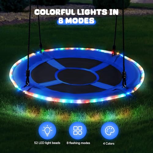 Trekassy 700lbs 40” Saucer Tree Swing with LED Lights for Kids Adults Outdoor 2 Tree Hanging Straps-Blue - color: Blue