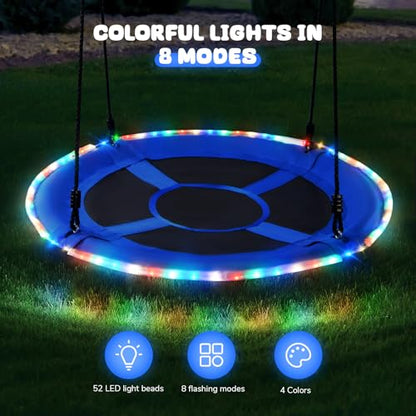 Trekassy 700lbs 40” Saucer Tree Swing with LED Lights for Kids Adults Outdoor 2 Tree Hanging Straps-Blue - color: Blue