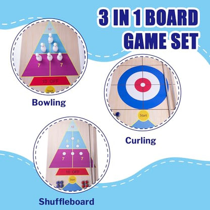 Shuffleboard, Curling and Bowling 3 in 1 Board Game Set,with 8.98 Foot Game Mat,2 Cues,8 Curling Rocks,6 Bowling Pins,Fun Family Game - size: 11.8'L