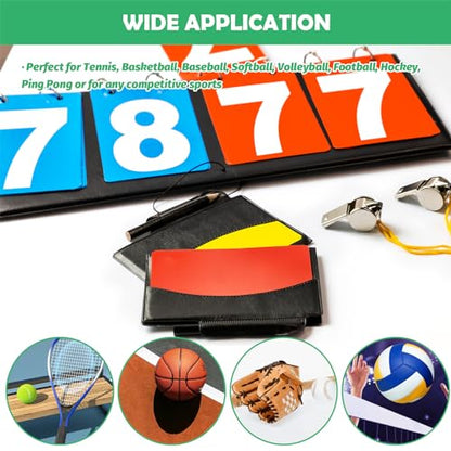 10Pcs Soccer Referee Kit Contain 4-Digital Portable Table Top Scoreboard Flipper, Stainless Steel Sports Whistles, Red Yellow Cards with Notebook for Football Soccer