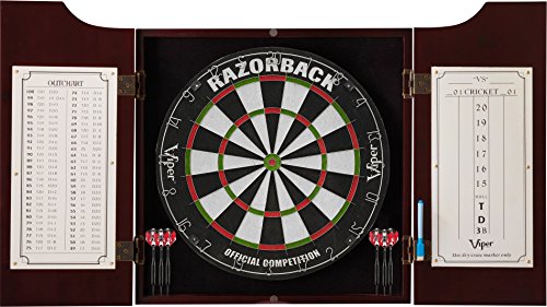 Viper Hudson All-in-One Dart Center: Classic Solid Wood Cabinet & Official Sisal/Bristle Dartboard Bundle with Steel-Tip Dart Set, Dry Erase Scoreboard & Out-Chart, Mahogany Finish - style: Elite