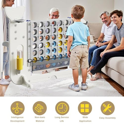 4-to-Score Giant Game Set, 4-in-1 Indoor Outdoor Yard Family Connect Game (4-in-a-Row + Basketball + Ring Toss + Mini Golf), Height Adjustable 2.5–3.3FT, Includes Carry Bag - size: 56"x19"x49"-White&Gray