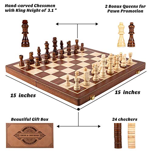 AMEROUS 15 Inches Magnetic Wooden Chess & Checkers Set (2 in 1) - Folding Board -Gift Box Packed -24 Cherkers Pieces -2 Extra Queens, Beginner Chess Set for Kids and Adults