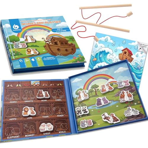 Travofun Noah's Ark Toy 4-in-1 Magnetic Travel Game for Kids, Fishing Game, Animal Matching Pairs & Word Learning, Screen-Free Busy Book, Christian Gifts Ages 3+ - style: Noah’s Ark Game