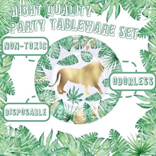 Gold Safari Jungle Party Supplies – Disposable Plates, Napkins, Green Forks – Tropical Leaves Tableware for Wild One Birthday, Baby Shower, Gold Animal Theme Decorations - style: Gold Safari