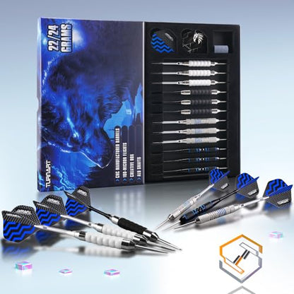 Turnart Darts Metal Tip Set - Steel Tip Darts Darts Set Professional Metal Darts 12 pcs 22/24 Grams Pro Dart Set with Stylish Case Aluminum Shafts Extra 9 Flights - color: Sliver