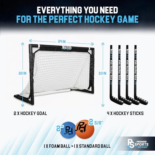 Premier Sports Kids Hockey Set – (4) Sticks, (2) Mini Goals, (1) Foam & (1) Standard Balls – Complete Beginner Set for Ages 3-9