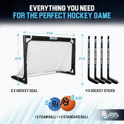 Premier Sports Kids Hockey Set – (4) Sticks, (2) Mini Goals, (1) Foam & (1) Standard Balls – Complete Beginner Set for Ages 3-9