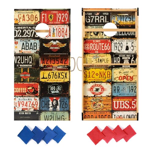 Cornhole Boards Set Regulation Size - 4'x2' Premium Solid Wood Corn Hole Toss Game with 8 Bean Bags - color: 4'×2' License Plate Pattern