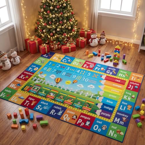 Unirea 8x10 Kids Rug for Playroom Classroom Bedroom, Washable Educational Play Mat with ABC Alphabet, Numbers, Animals for Living Room, Nursery, Colorful Learning Carpet for Toddlers, Rainbow - size: 8x10 Feet