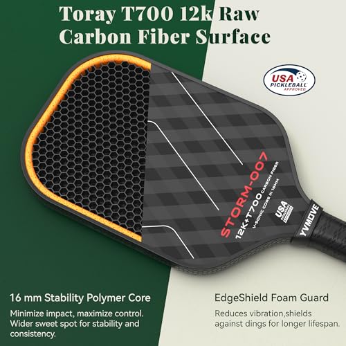 YVmove USAPA Approved Raw Carbon Fiber Pickleball Paddle, 16mm Thermoformed Pickleball Racket with High Spin & Extended Grip, Professional Pickleball Paddle for Control and Power - color: Matte Black