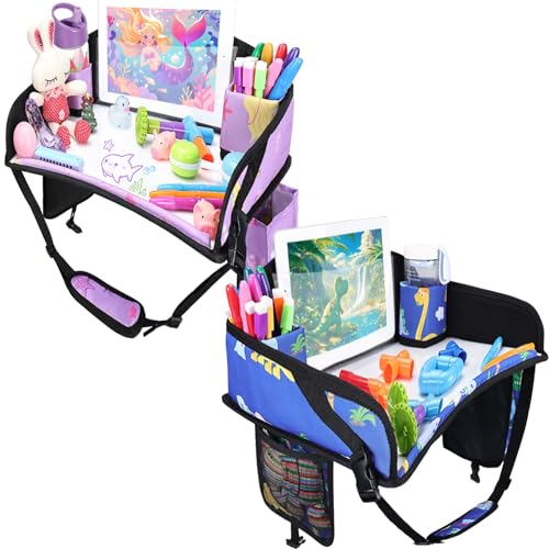 2PCS Kids Travel Tray for Airplane - Toddler Car Seat Table Tray, Road Trip Essentials for Boys & Girls, Carseat Lap Desk for Kids Road Trip Activities (Blue Dinosaur/Purple Mermaid) - color: Blue Dinosaur/Purple Mermaid--2PCS