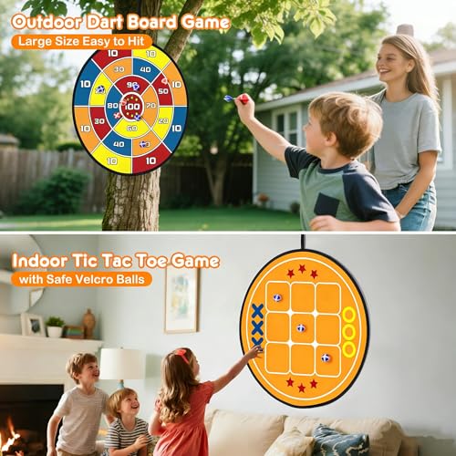 Outdoor Games Upgraded Set: Large Dart Boards with 12 Sticky Darts, 29" Tic Tac Toe with 12 Balls, Double Fun for Kids Family Summer Backyard Pool Beach Party Games