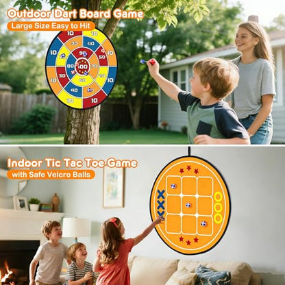 Outdoor Games Upgraded Set: Large Dart Boards with 12 Sticky Darts, 29" Tic Tac Toe with 12 Balls, Double Fun for Kids Family Summer Backyard Pool Beach Party Games