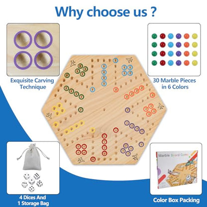 Large Size 20 inches Wood Wahoo Marble Board Game 2 Sided Game 4-6 Player for Friends and Family Party, Classic Wahoo Style Strategy Racing Game with 6 Dices,30 Marbles (Log) - color: Large, Natural Wood
