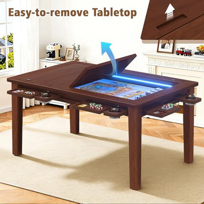 Haddockway Solid Wood Board Game Table with Colorful Led Lights, Dining/Gaming Table for 4-6 Players with Charge Station,Removable Top, Play Mat, 6 Cup Holders & Trays (Warm Walnut) - color: Solid Wood Blackwalnut With Led Light