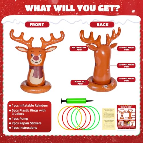 Christmas Reindeer Ring Toss Game for Kids, Inflatable Reindeer Antler Toss Party Games with Pump and Rings, Christmas Party Games for Family, Holiday Indoor Outdoor Fun Toys Xmas Decorations