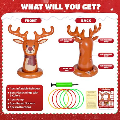 Christmas Reindeer Ring Toss Game for Kids, Inflatable Reindeer Antler Toss Party Games with Pump and Rings, Christmas Party Games for Family, Holiday Indoor Outdoor Fun Toys Xmas Decorations