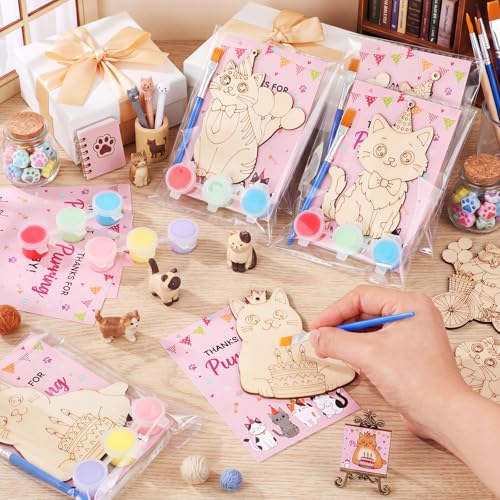 Saypacck 24 Pcs Cat Party Favors Wooden Painting Craft Kits Birthday Party Supplies with Organza Bag for Goodie Bags Fillers Adult Thank You Gifts - style: Cat