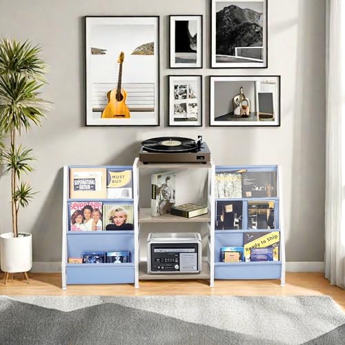 Homy Casa Audio-Visual Shelving Unit – Metal Frame with Wood Shelves & Fabric Bags – Compact AV Equipment Stand, Media Storage Rack for Gaming Accessories & Living Room Organization