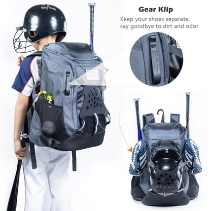 | Baseball Bag Softball Bat Bag, Double-layer Baseball Backpack Adult with Gear Klip To Hold Baseball Glove, Baseball Essential Gear, Youth Baseball Bag for Boys, Girls, Baseball Accessories - color: Grey
