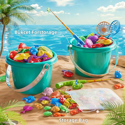 NIPLOOOW Pool Fishing Toys Games, Water Table Bathtub Toy with Inflatable Pool Pole Rod Net Plastic Floating Fish, Birthday Gifts for Kids Age 3 4 5 6 Year Old,Kids Outdoor Toys - style: 60PCS + Large Fishing Pool