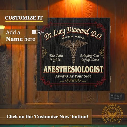 Personalized Dart Board Cabinet Set with 6 Steel Tip Darts, Paper Fibre Dartboard, Chalk & Eraser (21.5 x 21.5 x 2.75") - Occupational Man Cave Dart Boards for Adults - Anesthesiologist (402) - style: Anesthesiologist Dartboard & Cabinet Set