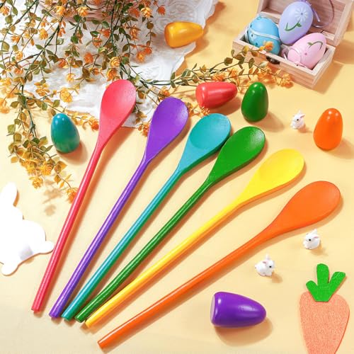 12 Pcs Easter Egg and Spoon Race Game Set, 6 Players Carnival Egg and Spoon Relay Game, Wooden Egg Spoon Balance Carnival Games for Easter Birthday Holiday Outdoor Family Activities