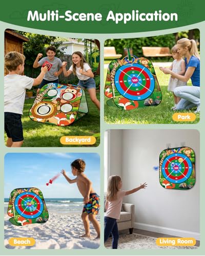 5-in-1 Bean Bag Toss Game for Kids Ages 3-8, Outdoor Cornhole Set with 3 Interchangeable Boards (Toss/Dart/Tic-Tac-Toe), Includes 8 Beanbags 6 Balls/Darts/Rings, Backyard Toys for Boys - style: Animal