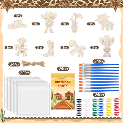 Saypacck 24 Pcs Western Cowboy Party Favors Wooden Painting Craft Kits Birthday Party Supplies with Organza Bag for Goodie Bags Fillers Adult Thank You Gifts - style: Western Cowboy