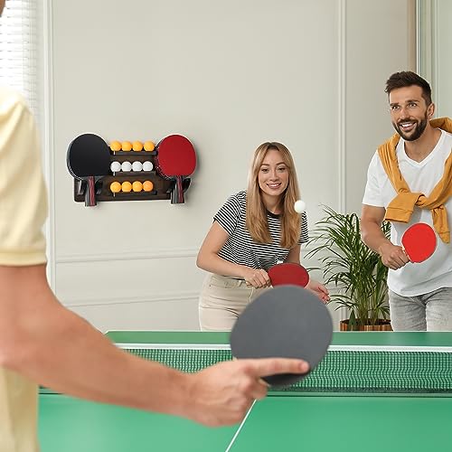 ikkle Ping Pong Paddle Holder Wall Mounted Table Tennis Racket Display for 6 Paddles and 12 Balls Storage, Ping Pong Accessories Organizer in Game Room, Man Cave, Bar Room, Garage, Office, Home