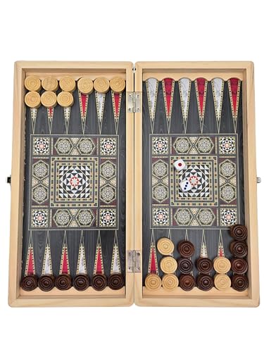 Wooden 3 in 1 Chess Checkers Backgammon Board Game Set, 12 Inch Portable Folding Chess Board, Portable Travel Chess Set for Adults Kids Family Game Night Gift（Non-Magnetic）
