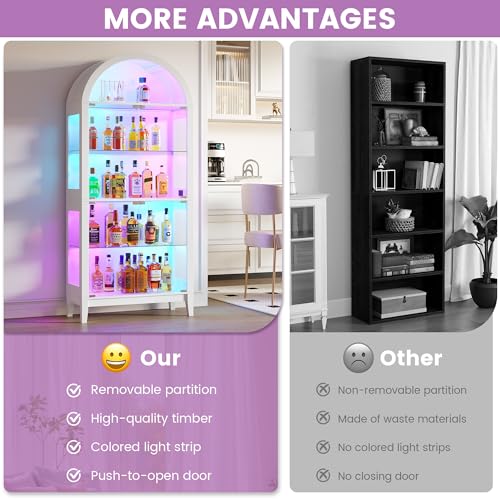 Gurexl 5-Tier Arched Glass Display Cabinet, Motion Sensor RGB LED Showcase with Music Sync Light & Adjustable Shelves, Tempered Glass Curio Cabinet for Action Figures Trophies Collectibles, White - color: White-80008a