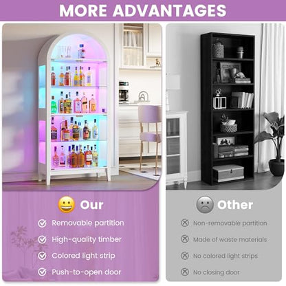 Gurexl 5-Tier Arched Glass Display Cabinet, Motion Sensor RGB LED Showcase with Music Sync Light & Adjustable Shelves, Tempered Glass Curio Cabinet for Action Figures Trophies Collectibles, White - color: White-80008a