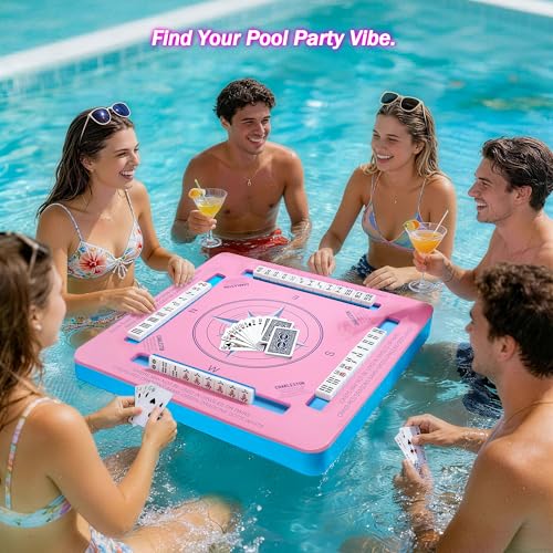 Floating Game Table for Pool, 19x19 Waterproof EVA Foam Card Table with Tile Slots, Portable Lightweight Pool Table for Mahjong, Dominoes & Poker, Travel Game Rack for Pool Party