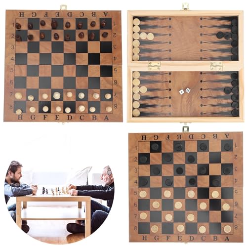 3 in 1 Checkerboard with Chessman, Folding Wooden Chess Checkers Board Set Portable Travel Chess Set for Outdoor Travel Camping