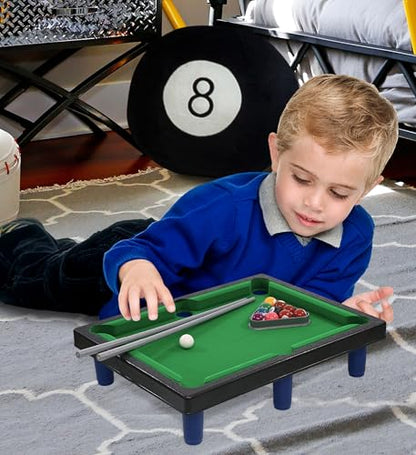 Mozlly Miniature Pool Table Set - Adult and Kids Billiard Set, Mini Pool Table Classic Playtime Set, Includes Portable Small Table, Balls, Cues, and Triangle - 8.1x4.5 Inches