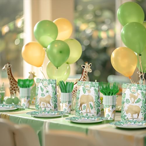 Gold Safari Jungle Party Supplies – Disposable Plates, Napkins, Green Forks – Tropical Leaves Tableware for Wild One Birthday, Baby Shower, Gold Animal Theme Decorations - style: Gold Safari