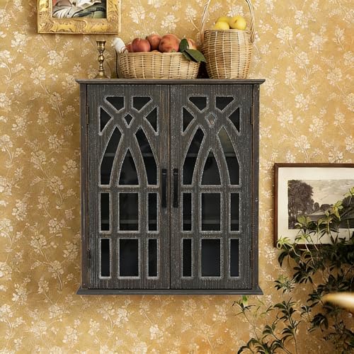 LKTART Solid Wood Wall Mounted Bathroom Cabinet,Hanging Kitchen Cabinet | Farmhouse Wall Mounted Wood Storage Cabinet;Window Pane Glass Door;Adjustable Shelves;Kitchen;Bathroom;Dining Room - color: Antique Black