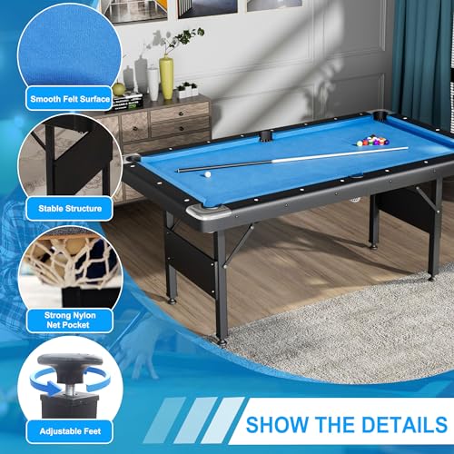 3 in 1 Billiard Table, 64" Folding Pool Table with Ping Pong Table and Dining Top, Multi Game Table Includes Billiard Accessories and Tennis Paddles for Family Game Room, Basements - color: Blue