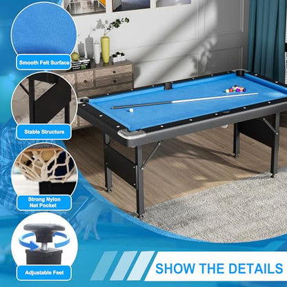 3 in 1 Billiard Table, 64" Folding Pool Table with Ping Pong Table and Dining Top, Multi Game Table Includes Billiard Accessories and Tennis Paddles for Family Game Room, Basements - color: Blue