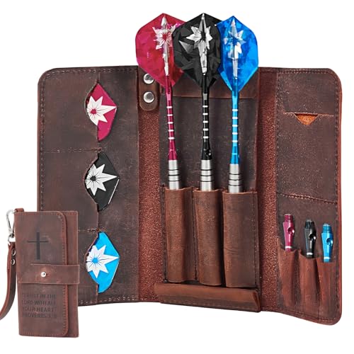 lotoo Leather Dart Case for Soft Tip Darts, Cross with Bible Verse Holds 3 Darts Storage for Tips, Shafts, Flights
