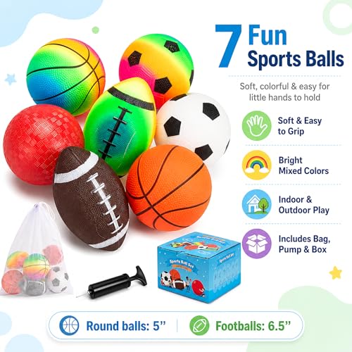 Soft Balls for Toddlers Kids 1-3 3-5, Easy to Grip 5" Small Balls 7 Pack, Mini Football Soccer Basketball Playgroundball - First Birthday Gift Baby Toys for Boys Girls - color: 7 Inflatable Balls 5"
