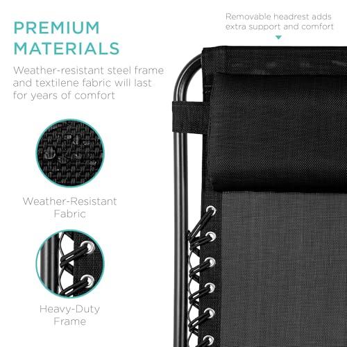 Best Choice Products Set of 2 Adjustable Steel Mesh Zero Gravity Lounge Chair Recliners w/Pillows and Cup Holder Trays - Black - color: Black, size: Standard