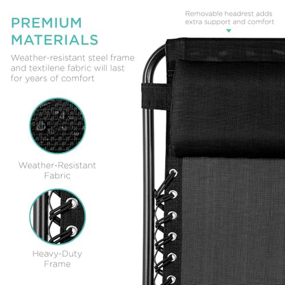 Best Choice Products Set of 2 Adjustable Steel Mesh Zero Gravity Lounge Chair Recliners w/Pillows and Cup Holder Trays - Black - color: Black, size: Standard