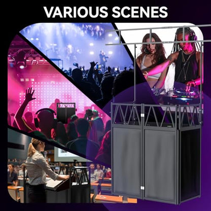 Portable DJ Booth,Foldable DJ Table Stand with Light Stand White & Black Scrim,Adjustable DJ Facade Booth Station Triangle Plate Metal Frame DJ Table with Cable Hole for Private Events, Clubs, Bars - size: 40*20 Light Stand
