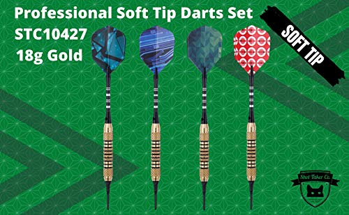 Professional Soft Tip Darts 12 PC Set | 12 Brass Barrels | 50 Extra Black 2BA Tips| 12 Aluminum Shafts | 16 Flights Standard Shape | Multi Tool | Carry Bottle - color: Gold Barrel-18g