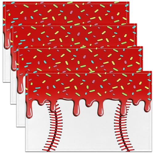 Castle Fairy Ice Cream Drip Baseball Kids Placemats Set of 4,Ball Sport Competition Modern Table Place Mats,Baseball Bat Player Fan Kitchen Decor,Red Placemat Kitchen Table Decoration 12"x18" - color: Red