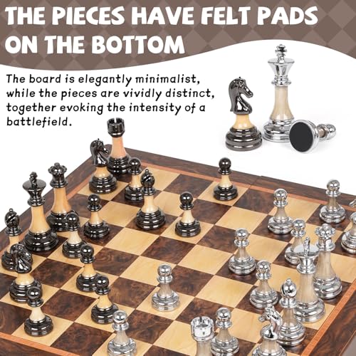 Luxury Large Chess Set 17 Inch Wooden Chess Board with Metal and Acrylic Chess Pieces, 3.5" King, 2 Extra Queens, Foldable Tournament Chess Set for Adults and Kids, Gift Display Chess Game Collection
